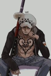 Rule 34 | 1boy, abs, black hair, chest tattoo, closed mouth, commentary request, earrings, facial hair, finger tattoo, fur hat, goatee, hand tattoo, hat, highres, hoop earrings, jewelry, long sleeves, looking at viewer, male focus, one piece, open clothes, rokurnshu003, short hair, sideburns, smile, solo, sword, tattoo, trafalgar law, weapon