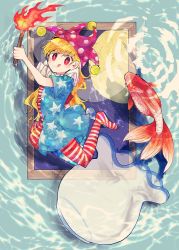 Rule 34 | 1girl, american flag dress, american flag legwear, arms up, closed mouth, clownpiece, dress, fairy wings, fire, hair between eyes, hands up, hat, highres, itomugi-kun, jellyfish, jester cap, long hair, looking at viewer, moon, night, night sky, no shoes, ocean, pants, pantyhose, pink hat, polka dot, red eyes, short sleeves, sky, smile, solo, star (symbol), star print, striped, tongue, tongue out, torch, touhou, water, window, wings