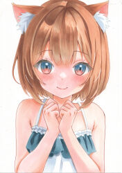 Rule 34 | 1girl, absurdres, animal ear fluff, animal ears, bare shoulders, brown hair, cat ears, cat girl, chika (chika 200806), flat chest, hands on own chest, highres, looking at viewer, original, own hands together, short hair, sleeveless, smile, traditional media, upper body