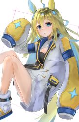 Rule 34 | 1girl, absurdres, ahoge, animal ears, ass, badge, blonde hair, blue eyes, blue hair, boots, breasts, button badge, cleavage, cleavage cutout, clothing cutout, coat, colored inner hair, commentary request, full body, highres, horse ears, horse girl, horse tail, kencya0327, long hair, looking at viewer, multicolored hair, neo universe (umamusume), parted lips, simple background, sleeves past fingers, sleeves past wrists, small breasts, solo, tail, two-tone hair, umamusume, white background, white coat, white footwear
