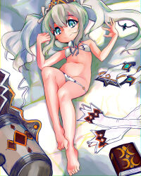 Rule 34 | 1girl, bare arms, bare legs, bare shoulders, barefoot, bed sheet, bikini, bikini warriors, blue eyes, book, breasts, cleric (bikini warriors), closed mouth, clothes, commission, detached collar, front-tie bikini top, front-tie top, green pupils, grey hair, hair between eyes, hair ribbon, highres, long hair, looking at viewer, lying, navel, o-ring, o-ring bikini, on back, ribbon, small breasts, smile, solo, split mouth, swimsuit, tsukiyono aroe, twintails, white bikini, white ribbon
