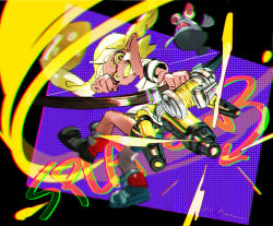 Rule 34 | 1girl, absurdres, aiming, arm up, artist name, asymmetrical hair, bike shorts, blonde hair, blouse, bow (weapon), braid, bulging eyes, chromatic aberration, copyright name, drawing bow, english text, fang, female focus, fish, flat chest, from side, happy, highres, holding, holding bow (weapon), holding weapon, inkling, inkling girl, inkling player character, jpeg artifacts, jumping, long hair, matching hair/eyes, multicolored footwear, nintendo, open mouth, outstretched arm, pointy ears, purple background, red eyes, shirt, shoes, short sleeves, signature, single braid, sketch, smallfry (splatoon), smile, splatoon (series), splatoon 3, taroji, tentacle hair, tentacles, twintails, weapon, white shirt, yellow eyes