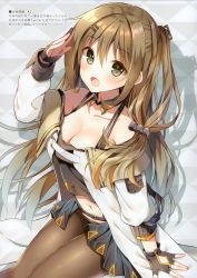 Rule 34 | 1girl, :d, absurdres, bare shoulders, black gloves, blush, breasts, brown eyes, brown hair, cleavage, collarbone, fingerless gloves, girls&#039; frontline, gloves, hair between eyes, hair ornament, hairclip, highres, k2 (girls&#039; frontline), large breasts, long hair, long sleeves, looking at viewer, mauve, navel, open mouth, pantyhose, partially fingerless gloves, salute, scan, simple background, sitting, smile, solo, white background