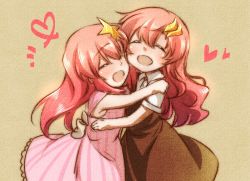 Rule 34 | ^ ^, bare arms, blush, closed eyes, dress, closed eyes, gundam, gundam seed, gundam seed destiny, hair ornament, hug, lacus clyne, long hair, meer campbell, morihaw, multiple girls, open mouth, pink hair, sleeveless, sleeveless dress, smile, star (symbol), star hair ornament, time paradox, aged down
