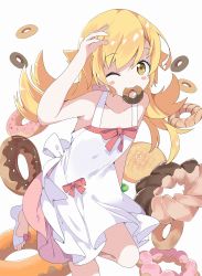 Rule 34 | 1girl, ;), arm up, bakemonogatari, bare arms, bare shoulders, blonde hair, blush stickers, bow, brown eyes, closed mouth, collarbone, commentary request, doughnut, dress, food, food in mouth, highres, looking at viewer, monogatari (series), mouth hold, one eye closed, oshino shinobu, red bow, simple background, sleeveless, sleeveless dress, smile, solo, standing, standing on one leg, tantan men (dragon), white background, white dress