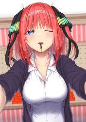Rule 34 | 1girl, black jacket, black ribbon, blue eyes, blunt bangs, blurry, blush, breasts, butterfly hair ornament, cleavage, collarbone, commentary, depth of field, eyebrows hidden by hair, eyelashes, food, food in mouth, go-toubun no hanayome, hair ornament, hair ribbon, highres, incoming pocky kiss, jacket, large breasts, long sleeves, looking at viewer, medium hair, nakano nino, one eye closed, open clothes, open jacket, outstretched arms, parted lips, pocky, pocky in mouth, pov, red hair, red lips, ribbon, shiraito, shirt, sidelocks, solo, straight hair, white shirt, wing collar