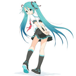 Rule 34 | 1girl, :o, aqua eyes, aqua hair, arms behind back, black footwear, black skirt, black socks, collar, collared shirt, commentary, from behind, full body, hair ribbon, hatsune miku, kneehighs, lat model (mikumikudance), light blush, long hair, looking at viewer, looking back, miniskirt, nike (company), open mouth, own hands together, pleated skirt, red neckwear, ribbon, sailor collar, school uniform, serafuku, shadow, shirt, shoes, skirt, sneakers, socks, solo, soukun s, standing, striped ribbon, twintails, very long hair, vocaloid, white background, white collar, white shirt