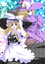 Rule 34 | 2girls, :p, blonde hair, bow, braid, breasts, broom, dress, dual persona, female focus, hair bow, hand on headwear, hat, highres, kirisame marisa, kirisame marisa (pc-98), long hair, multiple girls, open mouth, ribbon, smile, time paradox, tongue, tongue out, touhou, touhou (pc-98), tro, witch hat