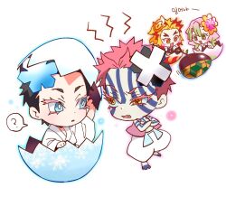 Rule 34 | 1girl, 3boys, :d, ?, akaza (kimetsu no yaiba), annoyed, arm up, bandaid, bandaid on head, barefoot, black hair, blonde hair, blue eyes, blush stickers, braid, cape, chibi, colored eyelashes, colored tips, crossed arms, demon slayer uniform, dougi, dual persona, egg, eggshell, eggshell hat, eye contact, facial mark, flower, forked eyebrows, full body, green hair, hair flower, hair ornament, hakuji (kimetsu no yaiba), hatching, holding, holding stick, kanroji mitsuri, kimetsu no yaiba, korean commentary, light particles, long hair, long sleeves, looking at another, medium hair, multicolored hair, multiple boys, objectification, open mouth, pants, pink hair, pink vest, poking, red hair, rengoku kyoujurou, sleeveless, smile, snowflake hair ornament, spoken question mark, standing, stick, streaked hair, surprised, tomioka giyuu, two-tone hair, uneven eyes, ungungzza, vest, white background, white cape, white pants, yellow eyes
