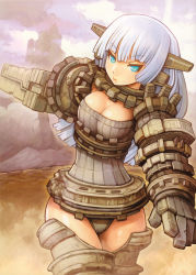 Rule 34 | 1girl, absurdres, aqua eyes, blunt bangs, breasts, cleavage, colossus, cowboy shot, day, gaius (shadow of the colossus), giant, giantess, highres, outdoors, personification, shadow of the colossus, shigatake, solo, thighs