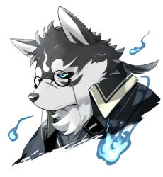 Rule 34 | 1boy, black-framed eyewear, black sclera, blue eyes, blue fire, body fur, closed mouth, colored sclera, cropped shoulders, dog boy, expressionless, eyewear strap, fire, furry, furry male, glasses, highres, jitome, kinoshita jiroh, looking away, male focus, masanori (housamo), ponytail, portrait, scar, scar on face, simple background, slit pupils, snout, solo, tokyo houkago summoners, white background