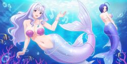 Rule 34 | 2girls, absurdres, bead necklace, beads, blue hair, breasts, bubble, gem, highres, idolmaster, idolmaster (classic), jewelry, kiria021, kneeless mermaid, large breasts, long hair, looking at viewer, mermaid, miura azusa, monster girl, monsterification, multiple girls, musical note, navel, necklace, revision, shell, shell bikini, shijou takane, short hair, smile, sparkle, underwater