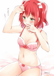 Rule 34 | 10s, 1girl, blush, bow, bra, breasts, covering face, embarrassed, green eyes, hair bow, jpeg artifacts, kurosawa ruby, love live!, love live! sunshine!!, natsu (natume0504), navel, panties, pink bow, pink bra, pink panties, red hair, short twintails, sitting, small breasts, solo, stomach, translation request, twintails, twitter username, two side up, underwear, underwear only