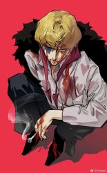 Rule 34 | 1boy, blonde hair, blood, blood on face, cigarette, coat, coat on shoulders, donquixote rocinante, emean, feather coat, fur coat, heart, heart print, highres, holding, looking at viewer, makeup, male focus, one eye closed, one piece, shirt, smoking, solo