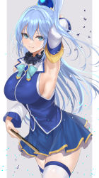 1girl :q aqua_(konosuba) arm_behind_head arm_up armpits bare_shoulders blue_eyes blue_hair blush bow breasts closed_mouth commentary_request cowboy_shot detached_sleeves folding_fan gem green_bow grey_background hair_between_eyes hair_ornament hair_rings hand_fan highres holding kono_subarashii_sekai_ni_shukufuku_wo! large_breasts leaning_forward long_hair looking_at_viewer mexif presenting_armpit skirt smile solo thighhighs tongue tongue_out very_long_hair white_background white_thighhighs