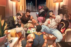 Rule 34 | alca (wakatanka4), animal ears, armband, avenger (dungeon and fighter), baimeme, bara, bead bracelet, beads, beard, biceps, black hair, board game, bracelet, chest hair, cigarette, city, city lights, coat, collar, colored skin, couch, cross, cross necklace, dog tags, facial hair, glass, hairy, highres, jacket, jewelry, lamp, lion ears, lion tail, long hair, looking to the side, male focus, male priest (dungeon and fighter), manly, mature male, multicolored hair, multiple boys, muscular, muscular male, necklace, night, night sky, on floor, original, pants, pectorals, pillow, plant, playing, playing games, ponytail, potted plant, priest (dungeon and fighter), red skin, shirt, short hair, shorts, sitting, sky, sleeveless, socks, spread legs, tail, tank top, thick arms, thick eyebrows, thick thighs, thighs, tight clothes, white hair