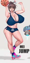 Rule 34 | 1girl, basketball, bike shorts, breasts, brown eyes, brown hair, cleavage, glasses, hair bun, hair ornament, hair stick, hairpin, highres, huge breasts, looking at viewer, mei (overwatch), navel, open mouth, overwatch, overwatch 1, randy (awesomevillage), single hair bun, solo, sports bra, standing, stomach, tennis shoes, veins, veiny breasts, wide hips
