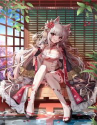 Rule 34 | 1girl, absurdres, animal ear fluff, animal ears, azur lane, bandaged arm, bandages, braid, breasts, bridal gauntlets, budget sarashi, chinese commentary, cleavage, coat, coat on shoulders, collar, fang, flower, full body, hair flower, hair ornament, highres, indoors, knees together feet apart, large breasts, long hair, official alternate costume, open mouth, outstretched arm, qinshishizhang, reaching, reaching towards viewer, red eyes, red flower, red skirt, sarashi, sitting, skin fang, skirt, solo, spiked collar, spikes, tail, thighhighs, very long hair, wading, water, white thighhighs, wolf ears, wolf tail, yuudachi (azur lane), yuudachi (shogun of snowballs) (azur lane)