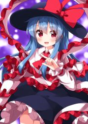 Rule 34 | 1girl, black hat, black skirt, blue hair, bow, capelet, cosplay, cowboy shot, fedora, frilled capelet, frilled shawl, frilled skirt, frilled sleeves, frills, hat, hat bow, hat ribbon, highres, hinanawi tenshi, long hair, long sleeves, nagae iku, nagae iku (cosplay), one-hour drawing challenge, pink shirt, purple background, red bow, red ribbon, ribbon, ruu (tksymkw), shawl, shirt, sidelocks, skirt, solo, touhou, very long hair