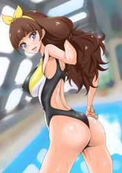 Rule 34 | 1girl, amanogawa kirara, ass, black one-piece swimsuit, blunt bangs, breasts, brown hair, commentary request, competition swimsuit, covered erect nipples, cowboy shot, dutch angle, eunos, go! princess precure, hairband, highres, indoors, large breasts, long hair, looking at viewer, one-piece swimsuit, pool, precure, purple eyes, rei no pool, solo, standing, swimsuit, yellow hairband