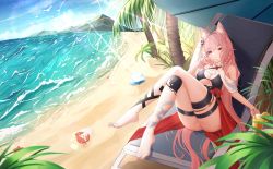Rule 34 | 1girl, absurdres, animal ears, arknights, ascot, beach, beach chair, beach umbrella, black bra, bra, braid, breasts, censored, cleavage, crab, crossed legs, day, drink, drinking straw, food, fruit, full body, hair intakes, hair ornament, hand up, high-waist skirt, highres, jndfh, large breasts, lemon, lemon slice, long hair, looking at viewer, mosaic censoring, no panties, outdoors, paid reward available, palm tree, pink eyes, pink hair, pozyomka (arknights), reclining, red skirt, sand, skirt, solo, sunlight, thighs, tree, umbrella, underwear, water, waves, white ascot, wolf ears, wolf girl