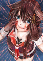 Rule 34 | 10s, 1girl, blood, blood on clothes, blood on face, blue background, blue eyes, braid, breasts, brown hair, crazy eyes, crazy smile, emphasis lines, from above, gloves, hair flaps, hair ornament, hair over shoulder, hands on own face, highres, kantai collection, looking at viewer, looking up, miniskirt, neckerchief, nekotsuki saihate, open mouth, pleated skirt, red neckerchief, school uniform, serafuku, shigure (kancolle), shigure kai ni (kancolle), short sleeves, single braid, skirt, smile, solo, upper body