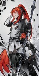 Rule 34 | 1girl, absurdres, black hairband, bodysuit, breasts, electricity, glowing, glowing eyes, hair ornament, hairband, highres, holding, holding polearm, holding weapon, long hair, polearm, ponytail, punishing: gray raven, red eyes, red hair, sidelocks, small breasts, ting zhi yue, vera (punishing: gray raven), very long hair, weapon