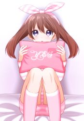Rule 34 | 1girl, :o, bad id, bad pixiv id, bed, blush, brown hair, creatures (company), full body, game freak, hair ribbon, highres, holding, holding pillow, long hair, long sleeves, may (pokemon), may (pokemon oras), nintendo, on bed, pajamas, pillow, pink ribbon, pink theme, pokemon, pokemon oras, purple eyes, ribbon, shorts, sitting, solo, yes, yes-no pillow, yuihico