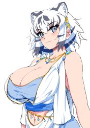 Rule 34 | 1girl, alternate breast size, animal ear fluff, animal ears, arabian clothes, arms at sides, asymmetrical sleeves, bare arms, bare shoulders, breasts, cleavage, closed mouth, clothing cutout, colored inner hair, detached sleeves, earrings, extra ears, grey eyes, grey hair, hair between eyes, highres, huge breasts, jewelry, kemono friends, kemono friends 3, looking at viewer, mamiyama, medium hair, multicolored eyes, multicolored hair, navel, navel cutout, necklace, official alternate costume, pink eyes, ringed eyes, sidelocks, simple background, single detached sleeve, smile, solo, stomach, streaked hair, tiger ears, two-tone hair, uneven sleeves, upper body, white background, white hair, white tiger (kemono friends)