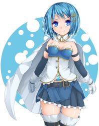 Rule 34 | &gt;:), 10s, 1girl, belt, blue eyes, blue hair, breasts, breasts apart, cape, cleavage, collarbone, cowboy shot, fortissimo, frilled shirt, frilled skirt, frills, gloves, hair ornament, hairclip, highres, looking at viewer, magical girl, mahou shoujo madoka magica, mahou shoujo madoka magica (anime), matching hair/eyes, midriff, miki sayaka, musical note, musical note hair ornament, shirt, short hair, skirt, small breasts, smile, solo, soul gem, thighhighs, uumaru1869, v-shaped eyebrows, white gloves, white thighhighs, zettai ryouiki