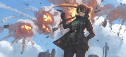 Rule 34 | 1girl, aircraft, airplane, black jacket, brown hair, cowboy shot, debris, detonator, explosion, fire, franlol, from below, hand in pocket, highres, holding, holding remote control, jacket, open clothes, open jacket, original, pants, popped collar, remote control, sky, smoke, solo, visor