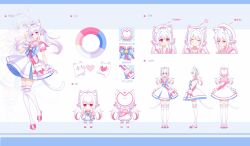 Rule 34 | 1girl, ^v^, absurdres, ahoge, animal ear fluff, animal ears, bcy, bell, beret, blue background, blue bow, blue bowtie, blush, bow, bowtie, braid, cat ears, cat ornament, cat tail, character sheet, chibi, chibi inset, closed eyes, color guide, dress, eating, expressions, foot up, frilled thighhighs, frills, frown, full body, gradient background, grid background, hand up, hat, highres, huhu, layered dress, logo, long hair, low twintails, mary janes, multiple views, original, pink eyes, pink footwear, pink sailor collar, pink sash, sailor collar, sailor dress, sash, scrunchie, shoes, short dress, short sleeves, side braid, sidelocks, smile, standing, standing on one leg, tail, thighhighs, turnaround, twintails, waving, white dress, white hair, white headwear, white tail, white thighhighs, wrist scrunchie, yuejiu