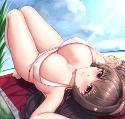 Rule 34 | 1girl, absurdres, beach, beach towel, bikini, blue sky, blush, breasts, brown eyes, brown hair, cleavage, closed mouth, cloud, flower, hair between eyes, hair flower, hair ornament, high ponytail, highres, kantai collection, knees up, large breasts, long hair, looking at viewer, lying, musanix, ocean, official alternate costume, on back, ponytail, red towel, sky, smile, solo, sunlight, swimsuit, towel, upside-down, white bikini, yamato (kancolle), yamato kai ni (kancolle)