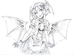 Rule 34 | 10s, 1girl, :d, apron, bat wings, breasts, cleavage, corset, gloves, greyscale, head wings, idolmaster, idolmaster cinderella girls, maid headdress, miyamoto frederica, monochrome, open mouth, shirubaburu, short hair, simple background, small breasts, smile, solo, traditional media, waist apron, white background, wings