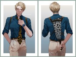 Rule 34 | 1boy, adjusting clothes, adjusting necktie, animal print, ass, back, belt, blonde hair, blue shirt, brown belt, chachashima, collared shirt, cowboy shot, formal, grey pants, hand in pocket, highres, holding, holding weapon, holster, holstered, jujutsu kaisen, leopard print, long sleeves, looking at viewer, male focus, nanami kento, necktie, pants, shirt, short hair, sleeves rolled up, solo, undercut, watch, weapon, wristwatch, yellow necktie