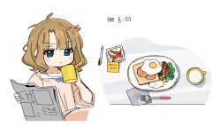 Rule 34 | 1girl, ahoge, apple, apple slice, blue eyes, breakfast, brown hair, closed mouth, commentary, cup, food, fork, fried egg, fruit, holding, holding cup, holding newspaper, idolmaster, idolmaster million live!, long sleeves, medium hair, messy hair, newspaper, pajamas, pen, pink pajamas, plate, serious, sidelocks, solo, spawnfoxy, suou momoko, table, upper body, v-shaped eyebrows, wavy hair, white background