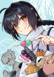 Rule 34 | 1boy, 1other, :3, ahoge, androgynous, black hair, blush, braid, braided ponytail, brown eyes, closed mouth, commentary request, dango, fate/samurai remnant, fate (series), fish (food), food, food on face, hair intakes, highres, holding, holding food, ichino tomizuki, japanese clothes, kimono, long hair, miyamoto iori (fate), multicolored hair, onigiri, rice, rice on face, yamato takeru (fate), smile, streaked hair, very long hair, wagashi, white hair, white kimono