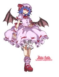 Rule 34 | 1girl, bat wings, blood, blue hair, character name, fang, female focus, full body, hat, highres, oso (toolate), puffy short sleeves, puffy sleeves, red eyes, remilia scarlet, shoes, short hair, short sleeves, simple background, skirt, skirt set, socks, solo, standing, touhou, white background, wings