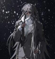 Rule 34 | 1girl, ahoge, black background, braid, collared shirt, dark-skinned female, dark skin, eyepatch, formal, fur collar, green necktie, grey eyes, grey hair, grey jacket, grey pants, grey suit, hand on own hip, hand up, highres, holding, holding own hair, jacket, korean commentary, long hair, long sleeves, looking at viewer, multiple braids, necktie, open mouth, original, pale skin, pants, sasi mozzi1, shirt, snowing, solo, standing, striped clothes, striped necktie, suit, upper body, vertical-striped clothes, vertical-striped necktie, white shirt