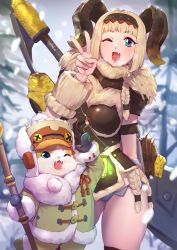 Rule 34 | 1girl, ;d, absurdres, axe, battle axe, blonde hair, blue eyes, cat, coat, contrapposto, fang, felyne, fur trim, green coat, highres, horns, monster hunter, monster hunter: world, monster hunter (series), monster hunter portable 3rd, mr.lime, one eye closed, open mouth, panties, smile, snow, snowing, staff, thighs, underwear, v, weapon, winter