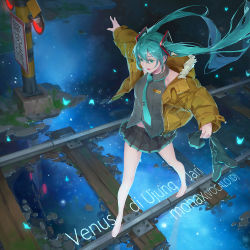 Rule 34 | 1girl, aqua eyes, aqua hair, aqua necktie, baraba baba, barefoot, boots, cytus, grey vest, hair between eyes, hatsune miku, holding, holding boots, holding clothes, holding footwear, hood, hooded coat, long hair, necktie, outstretched arm, photoshop (medium), railroad crossing, railroad tracks, reflection, solo, solo focus, star (sky), twintails, vest, vocaloid