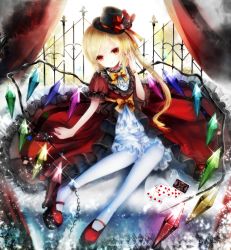Rule 34 | 1girl, alternate costume, bad id, bad pixiv id, basilis9, black dress, blonde hair, bow, bracelet, card, chain, cuffs, curtains, dress, fingernails, flandre scarlet, hat, highres, jewelry, layered dress, light smile, long fingernails, md5 mismatch, nail polish, pantyhose, playing card, puffy short sleeves, puffy sleeves, red eyes, red nails, sash, shackles, short sleeves, side ponytail, sitting, solo, top hat, touhou, white dress, white pantyhose, wings