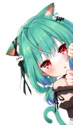 Rule 34 | 1girl, animal ear fluff, animal ears, blue hair, blush, bow, cat ears, cat girl, cat tail, ear ribbon, earrings, gradient hair, green hair, hair ornament, hair ribbon, highres, hololive, jewelry, kohe billialot, looking at viewer, multicolored hair, open mouth, peeking out, red eyes, ribbon, short hair, skull earrings, skull hair ornament, solo, tail, uruha rushia, uruha rushia (3rd costume), virtual youtuber, white background