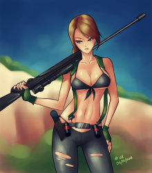 Rule 34 | 1girl, bikini, bikini top only, black bikini, blue eyes, breasts, brown hair, cleavage, contrapposto, dated, fingerless gloves, front-tie bikini top, front-tie top, gloves, gun, hand on own hip, highres, konami, kuso, kuso otoko, large breasts, long hair, metal gear (series), metal gear solid, metal gear solid v: the phantom pain, navel, over shoulder, pants, pantyhose, ponytail, quiet (metal gear), rifle, scope, sniper rifle, solo, standing, suspenders, swimsuit, torn clothes, torn pants, torn pantyhose, underboob, weapon, weapon over shoulder