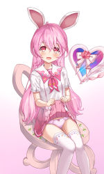 Rule 34 | 1girl, absurdres, animal ears, blush, bow, buttons, chair, clothes lift, commentary request, commission, double-breasted, elsword, feet out of frame, gradient background, hair between eyes, happycloud, heart, highres, laby (elsword), lifted by self, long hair, looking at viewer, open mouth, panties, pink background, pink hair, pink panties, pink shirt, pink skirt, pleated skirt, rabbit ears, sailor collar, shirt, short sleeves, sitting, skirt, skirt lift, smile, solo, thighhighs, two-tone shirt, underwear, very long hair, white background, white shirt, white thighhighs, zettai ryouiki
