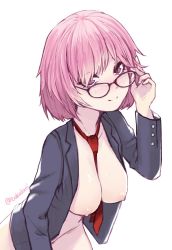 Rule 34 | 1girl, akalari, between breasts, black-framed eyewear, blush, bottomless, breasts, breasts out, closed mouth, cowboy shot, fate/grand order, fate (series), glasses, hand up, highres, jacket, large breasts, leaning forward, long sleeves, looking at viewer, mash kyrielight, naked jacket, naked shirt, necktie, necktie between breasts, nipples, no bra, pink hair, purple eyes, red necktie, shirt, short hair, simple background, smile, solo, twitter username, white background