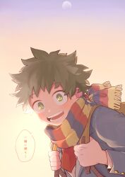 Rule 34 | 1boy, :d, backpack, bag, blazer, bloom, boku no hero academia, bright pupils, buttoned cuffs, buttons, cumatarou, dress shirt, excited, freckles, fringe trim, gibbous moon, gradient sky, green eyes, green hair, hands up, happy, highres, holding strap, jacket, lapels, leaning forward, long sleeves, looking at viewer, looking to the side, male focus, midoriya izuku, moon, multicolored clothes, multicolored scarf, necktie, notched lapels, open mouth, orange sky, purple sky, red necktie, scarf, school uniform, shirt, short hair, sidelighting, sky, smile, speech bubble, sunset, twilight, u.a. school uniform, white pupils, white shirt, yellow bag