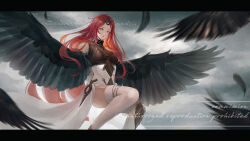 Rule 34 | 1girl, absurdres, anna (drw01), bare shoulders, bird wings, black shirt, black wings, character request, cloud, cloudy sky, commission, copyright request, day, feathered wings, feet out of frame, forehead, grin, highres, letterboxed, long hair, looking at viewer, open mouth, orange eyes, outdoors, parted bangs, red hair, shirt, sidelocks, skeb commission, sky, sleeveless, sleeveless shirt, smile, solo, straight hair, thighhighs, thighs, watermark, white thighhighs, wings