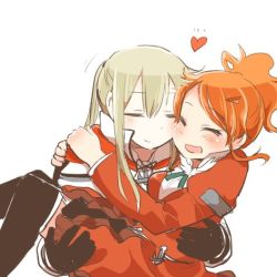 Rule 34 | 10s, 2girls, :d, aquila (kancolle), arms around neck, blonde hair, blush, carrying, closed eyes, gloves, graf zeppelin (kancolle), hair ornament, hairclip, heart, kantai collection, long hair, lowres, multiple girls, open mouth, orange hair, ponytail, princess carry, rebecca (keinelove), smile, twintails, white background, yuri