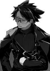 Rule 34 | 1boy, animal ears, arknights, black gloves, black hair, capone (arknights), coat, cowboy shot, fang, glasses, gloves, greyscale, highres, iwashi 80, male focus, monochrome, short hair, simple background, smirk, solo, sweater, turtleneck, turtleneck sweater, wolf boy